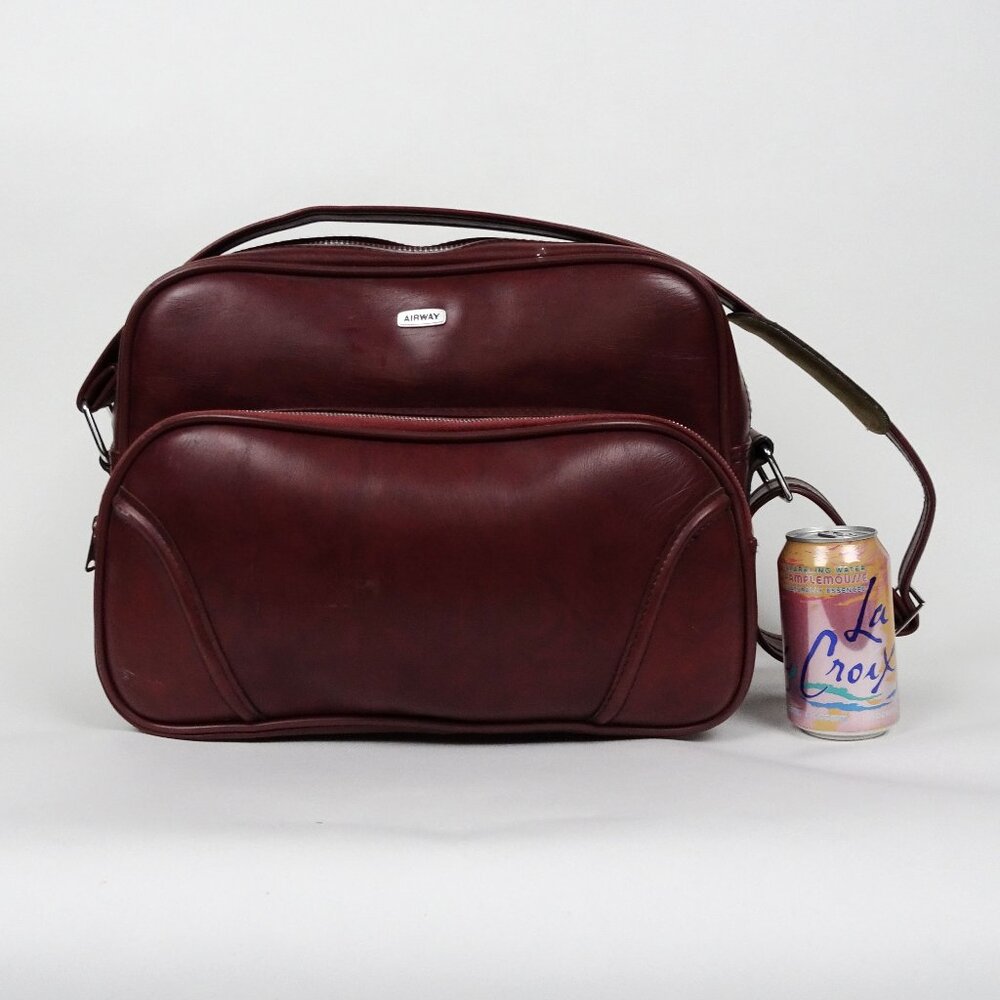 Vintage Airway Faux Leather Maroon Travel Shoulder Bag Carry On Luggage Retro - Picture 3 of 6